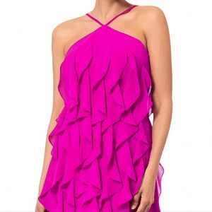 Aqua Fuscia Corkscrew Ruffle Halter Mini Dress, Size 8